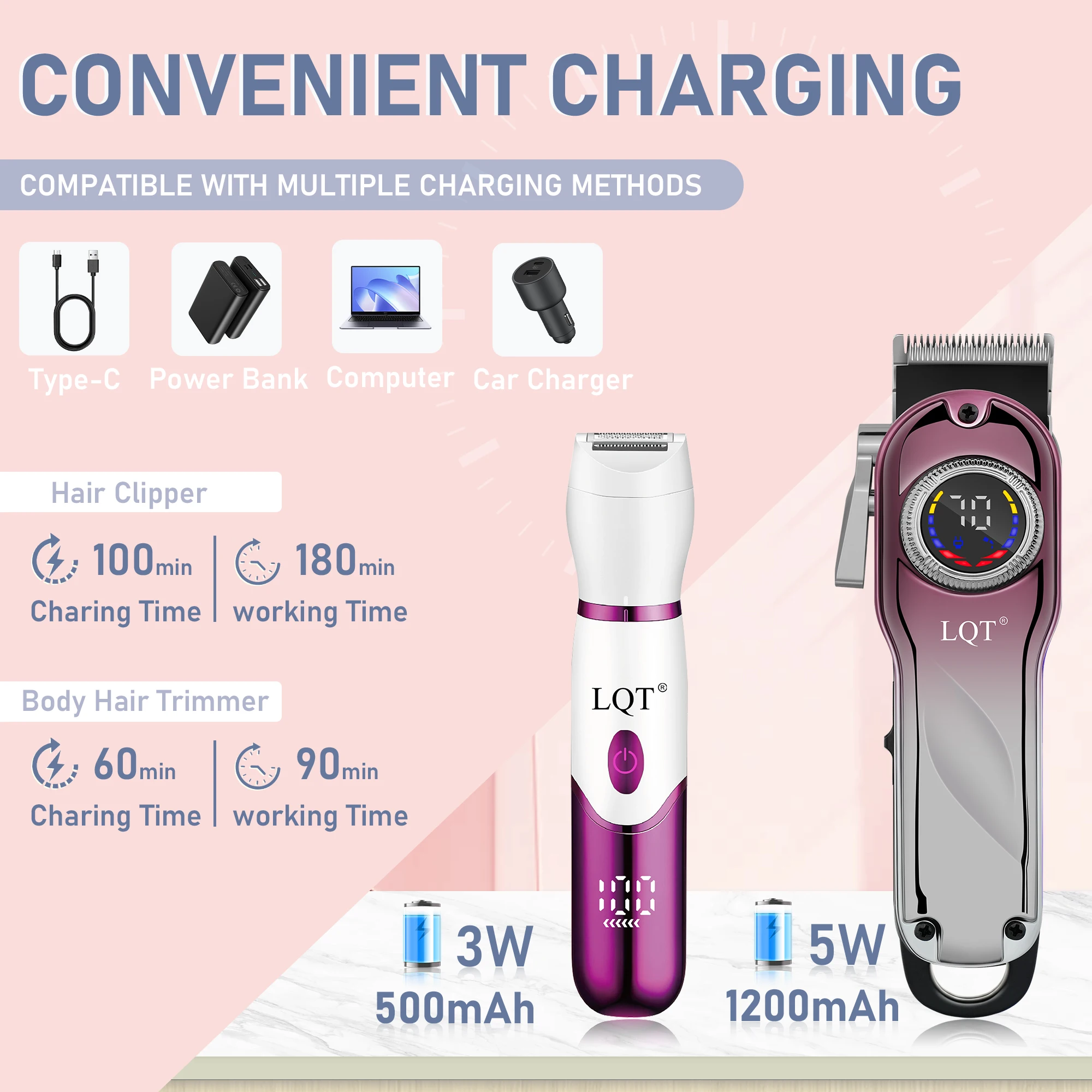 LQT Men Women Barber Grooming Kit  Purple LCD Hair Clipper Multi‑Function Nose Beard Trimmer Hair Cutting Machine Set