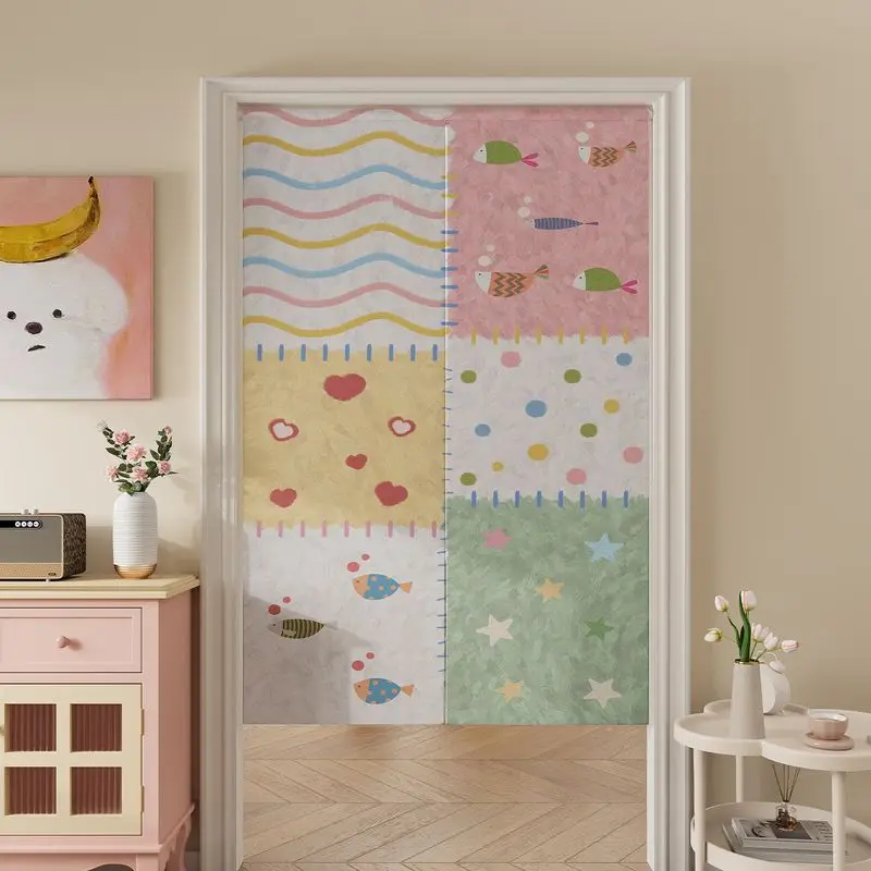 VIKAMA Japanese Color Block Floral Noren Doorway Curtain Room Divider Privacy Tapestry for Bedroom Entryway Cute Home Decor