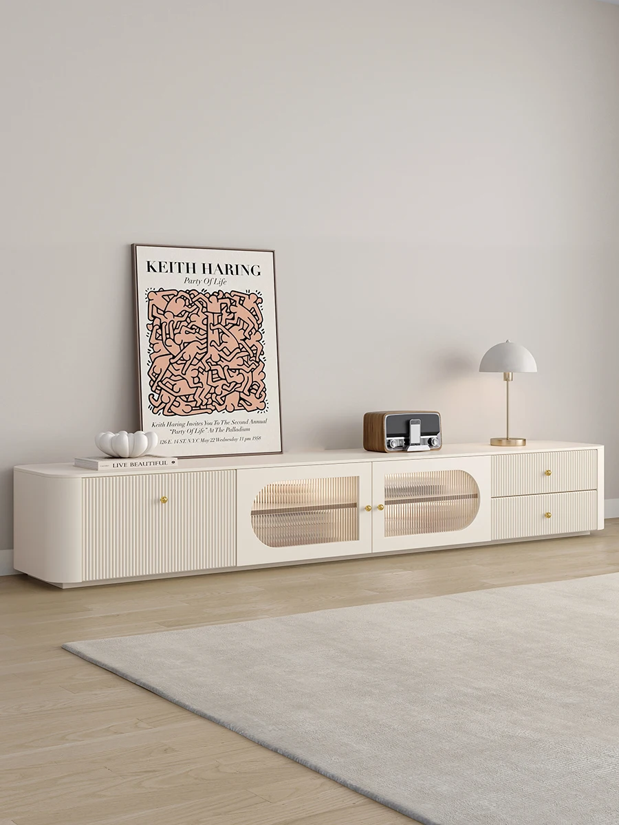 

Cream wind TV cabinet Modern simple coffee table combination LED light strip French solid wood Changhong glass floor cabinet