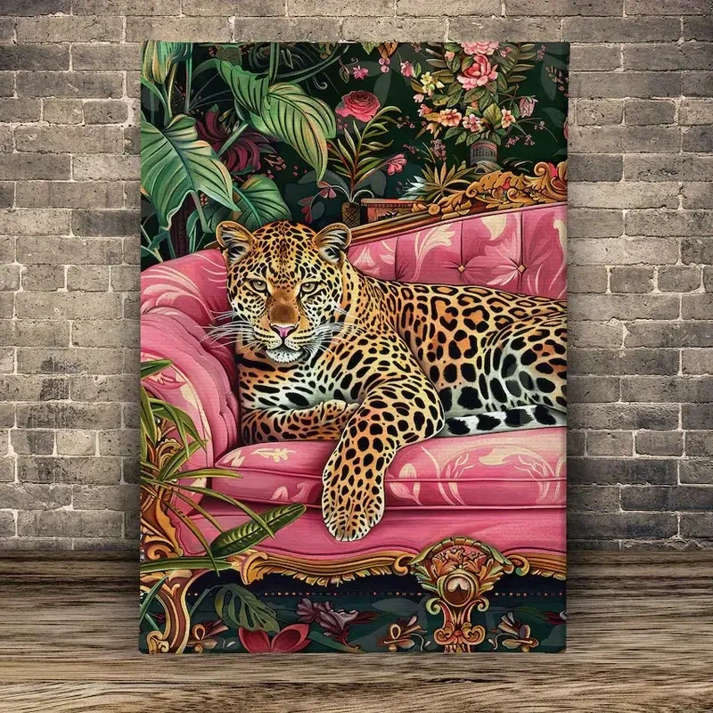 Modern Style Pink Sofa Tiger Canvas Prints Jungle Animal Wall Art Poster for Home Office Bedroom Living Room Decoration Cuadros