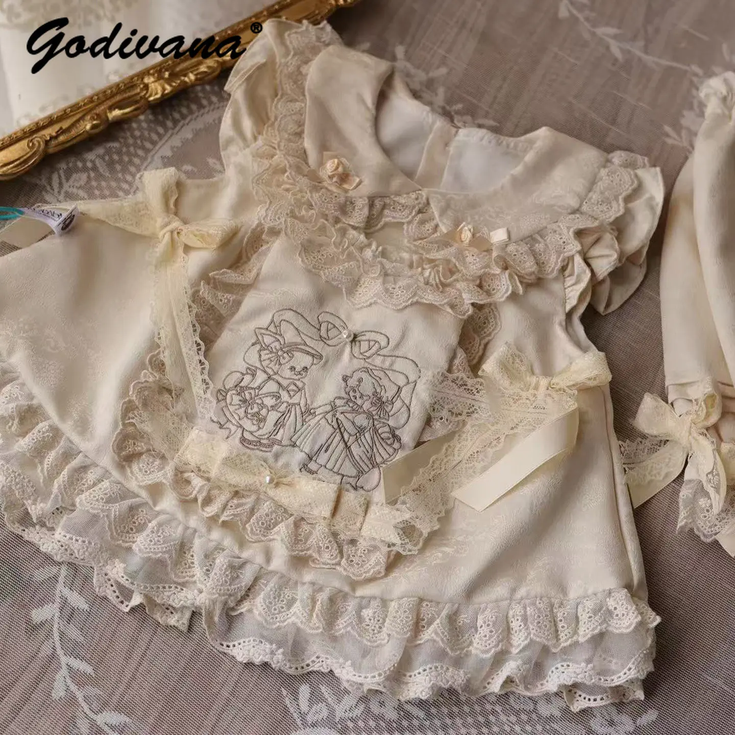 Original Baby Girls Cute Kindergarten 2pcs Set Kids Spring New Fashion Lace Bow Ruffle Trim Sleeveless Doll Collar Top and Pants