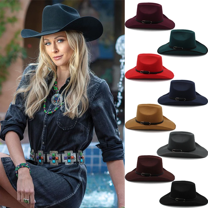 Men Women Woolen Western Cowboy Hats Wide Brim Sunhats Party Travel Sombrero Outdoor Caps Classical Retro US Size 7 1/4 UK L