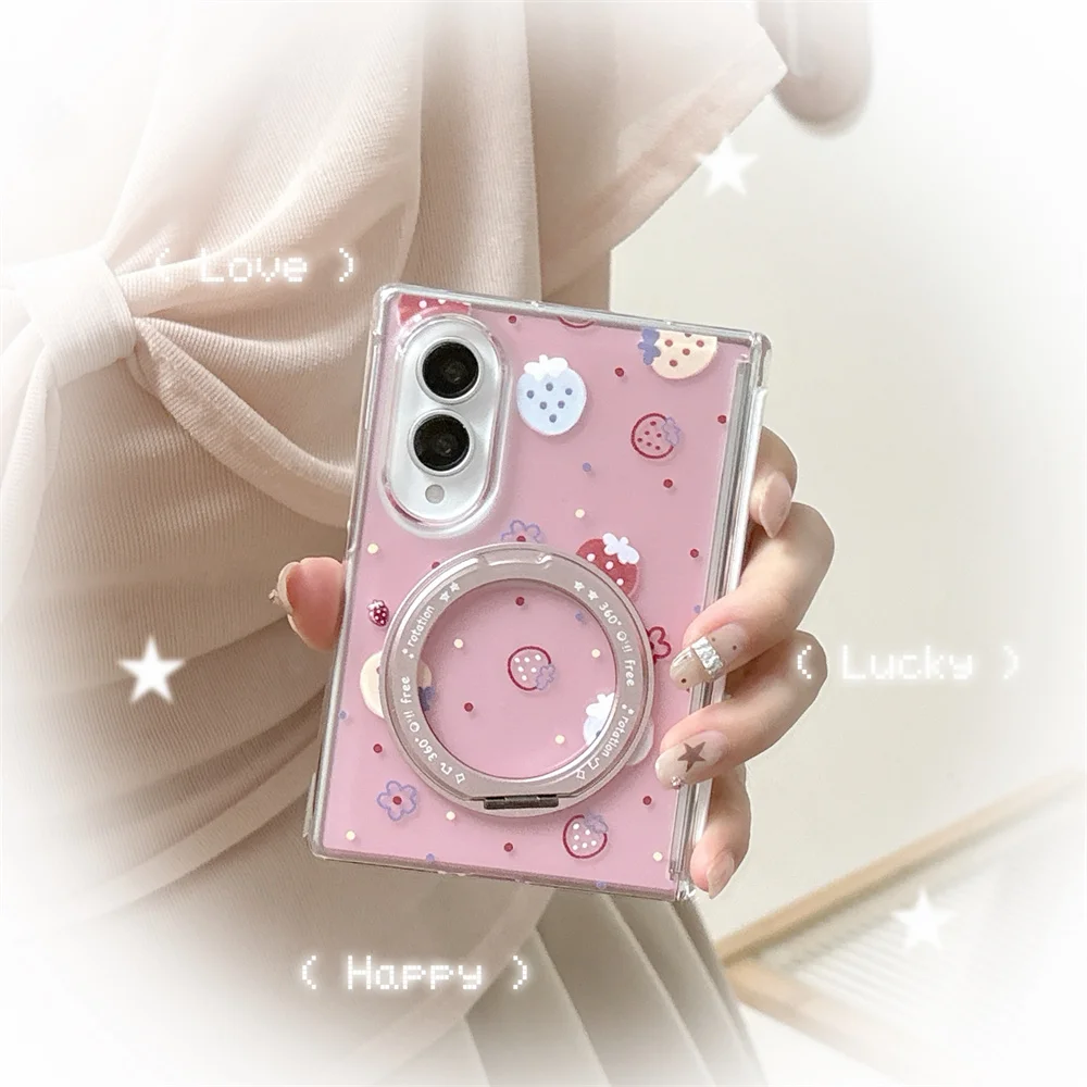 Pink Strawberry Dessert Print Phone Case For Samsung Galaxy Z Fold 8 360°Rotating Ring Holder Hard Cover With Bead Wrist Chain