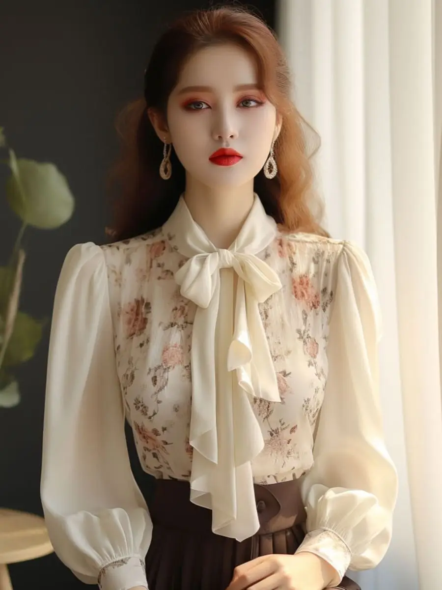 

French Style White Shirt Elegant Bow Lace Up Floral Printed Blouse Women Elegant Long Sleeve Top Blusas Femininas