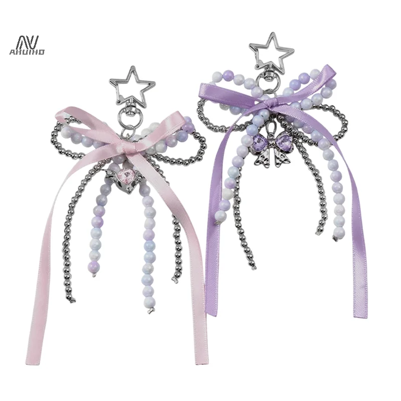Y2K Sweet Beaded Keyring Exquisite Ribbon Rhinestone Bow Keychain For Girls Bag Pendant Decoration Fashion Key Accessories