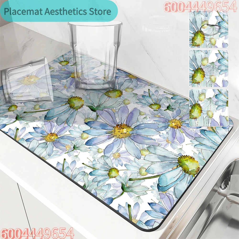 Coffee Mat Watercolor Absorbent Draining Dish Drying Mat Quick Dry Bathroom Tableware Hide Stain Rubber Backed Absorbent Mat