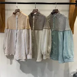Johnature 2025 Spring Autumn New Linen Plaid Shirt Women New Versatile Fungus Stand-up Collar Doll Causal Loose Shirt Women