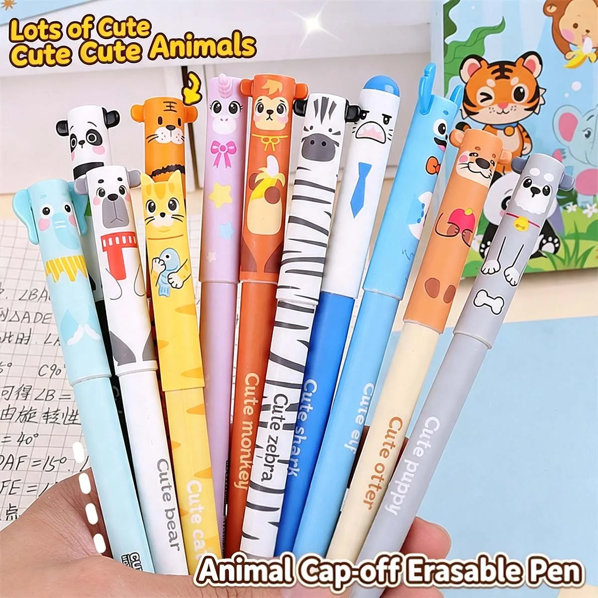 4-pack erasable pens, with random animal print designs. Perfect for school, office, diaries and back-to-school season