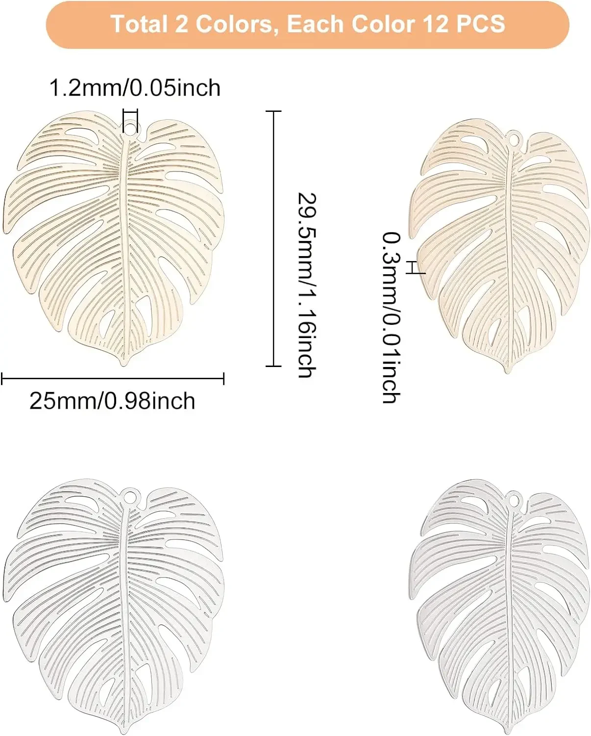 24pcs Platinum & Light Gold Hollow Monstera Leaf Charms Golden Plated Brass Metal Plant Pendant Leaves Branch Charms