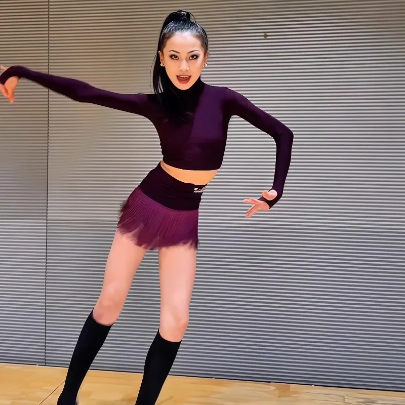 

2026 детская форма для латинских танцев для девочек, сетчатое платье для соревнований с длинными рукавами, костюм с разрезом, женская одежда для бальных танцев, костюмы