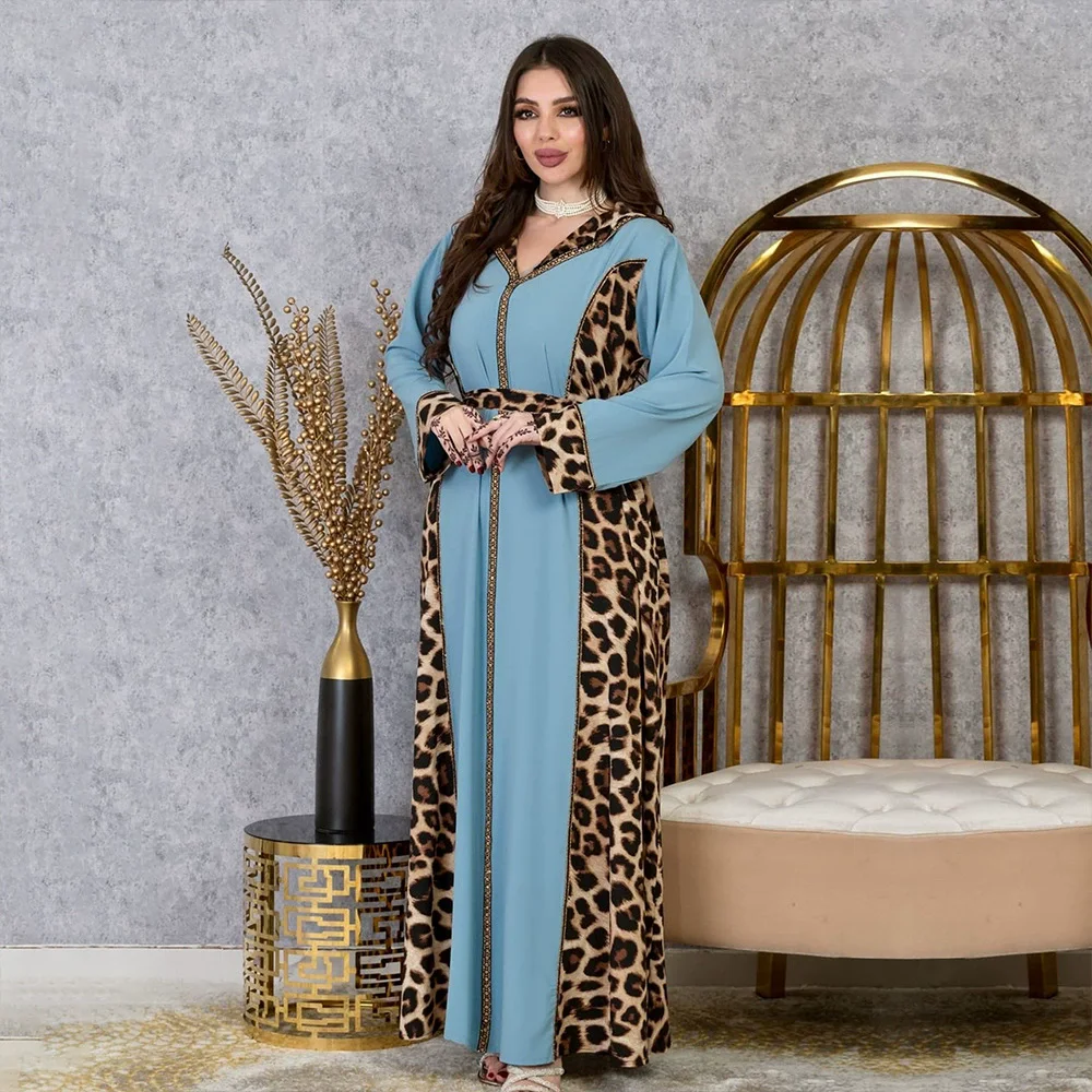 

Middle Eastern Arab Muslim Fashion Long Skirt Women's V-neck Leopard Pattern Color blocked Long sleeved Islamic Ramadan Dress