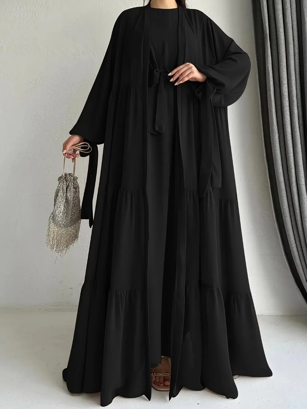 Modest Women Dresses Suit Long Coat Robe Muslim 2 Piece Set Vestidos Sashes Dubai Saudi Morocco Abayas Eid Ramadan Jalabiya