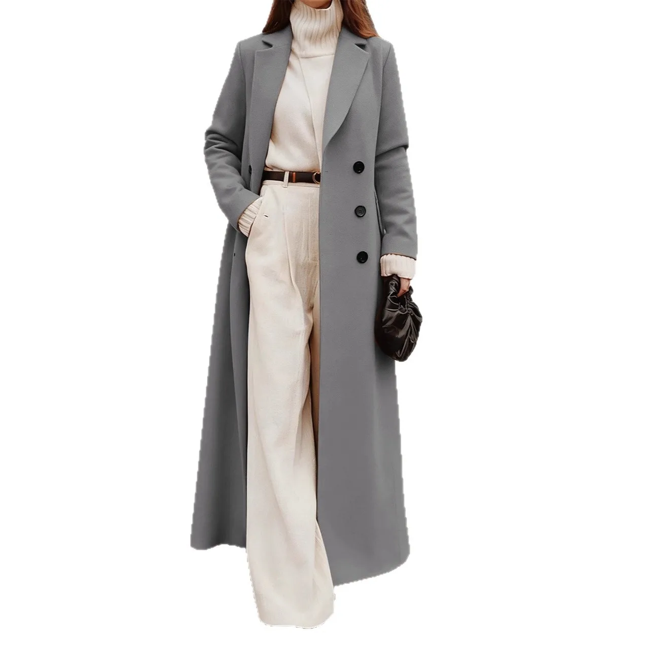 Caldo cappotto di lana Casual lungo colore puro Autunno Inverno da donna Faion Capispalla Materiale di seta V-Ne Cappotto stampato sottile