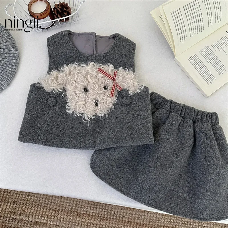 Girls' Scrawl Puppy Vest Autumn and Winter Baby Girls' Fleece-lined Three-Piece Suit Sweater Vest Vest Western Style Suit