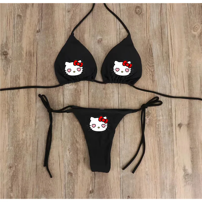 Kawaii Hellokitty Print Swimsuit Women Two Piece Bikini Set Cute Girl Sexy Adjustable Underwear Bra Thong Girls Beachwear Summer