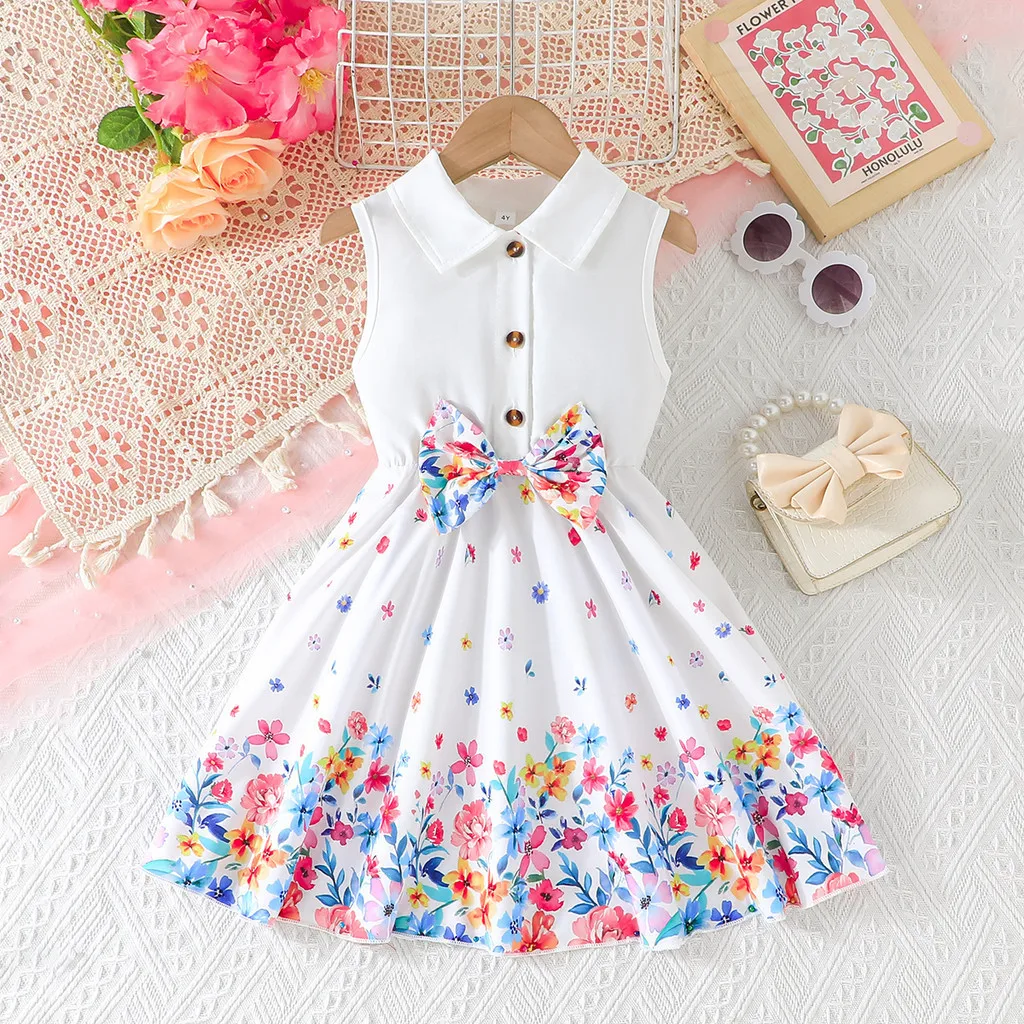 Vestido de princesa sin mangas con lazo Floral para niños, vestido de cumpleaños para niñas de 4 a 8 años