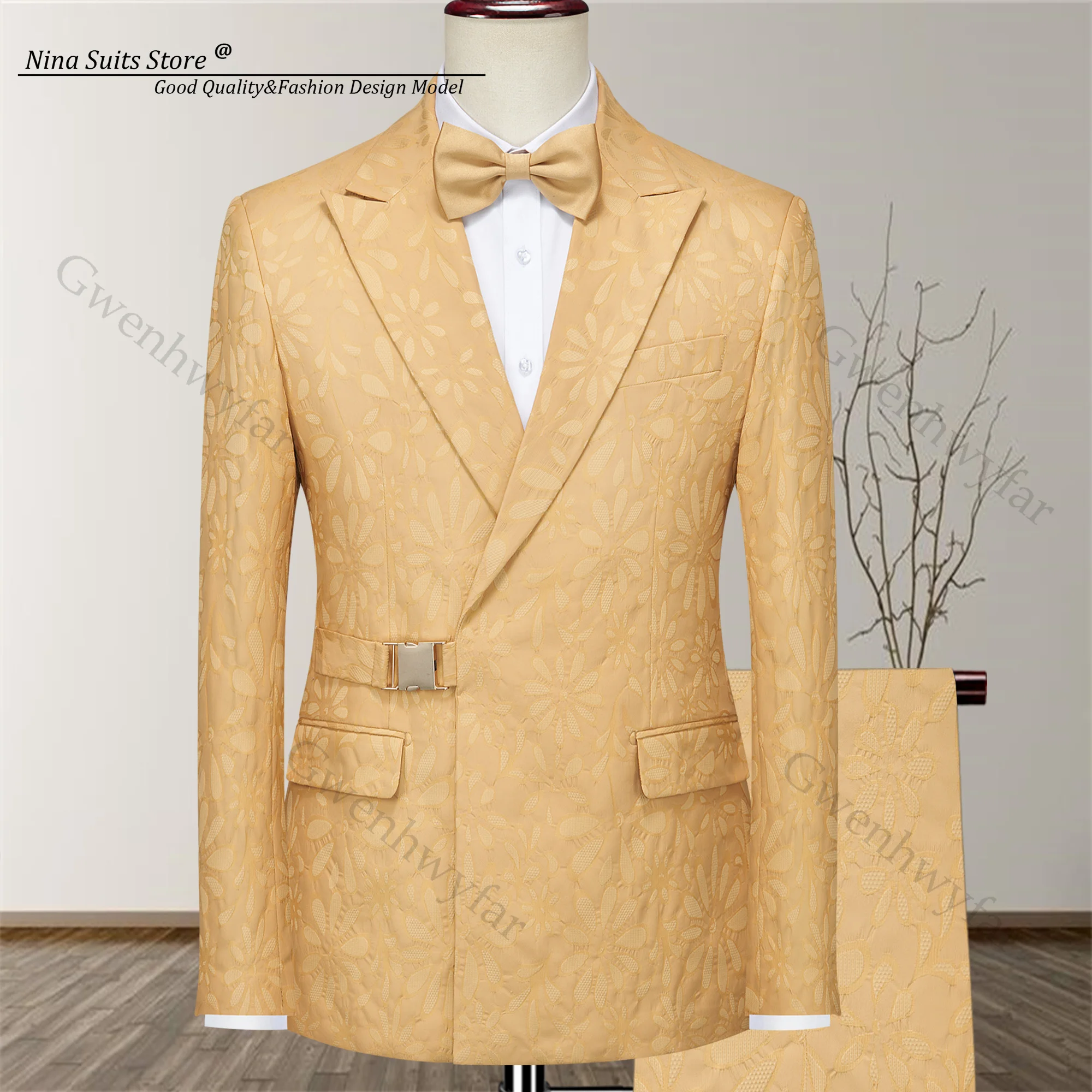

Gwenhwyfar 2025 Yellow Jacquard Suit 2-piece Men's Fashion Party Tuxedo Set Peak Lapel Gold Buckle Jacket and Pants Slim Fit