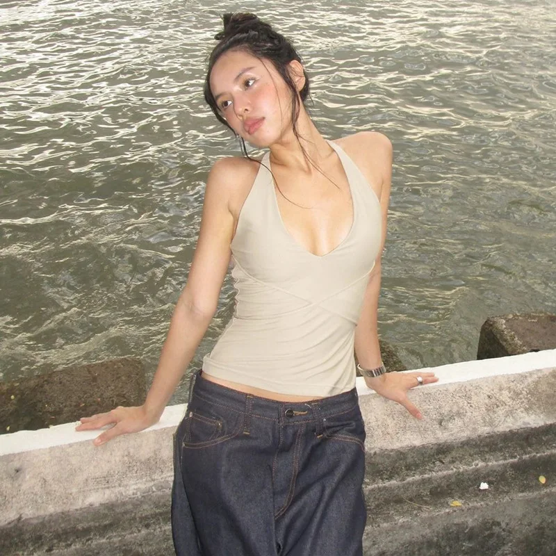 ALLNeon 90s Vintage Solid Halter Tops Summer Sleeveless Backless Tanks Top Y2K Aesthetics Slim Cross Bandage Camis Streetwear