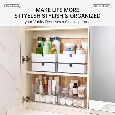 Clear Makeup Organizer with Drawers, Stackable Cosmetic Storage Box with Dustproof Lid, Transparent Vanity Organizer for Lipstick, Brushes, Skincare and Beauty Supplies