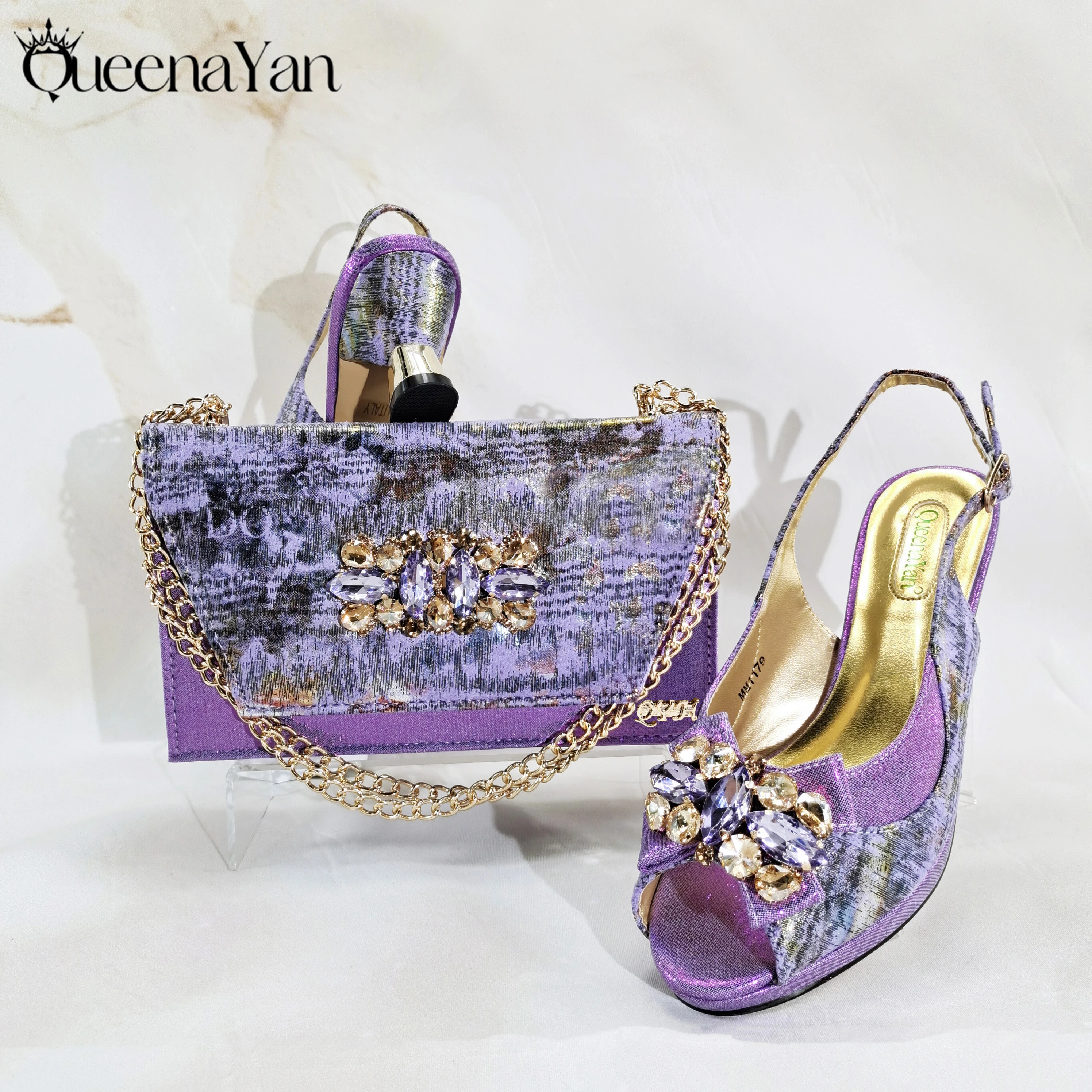 

Newest Lilac Color Print Design Rhinestone Metallic Diamond Accents Paired Lady Shoes with Match Handbag for Party Wedding