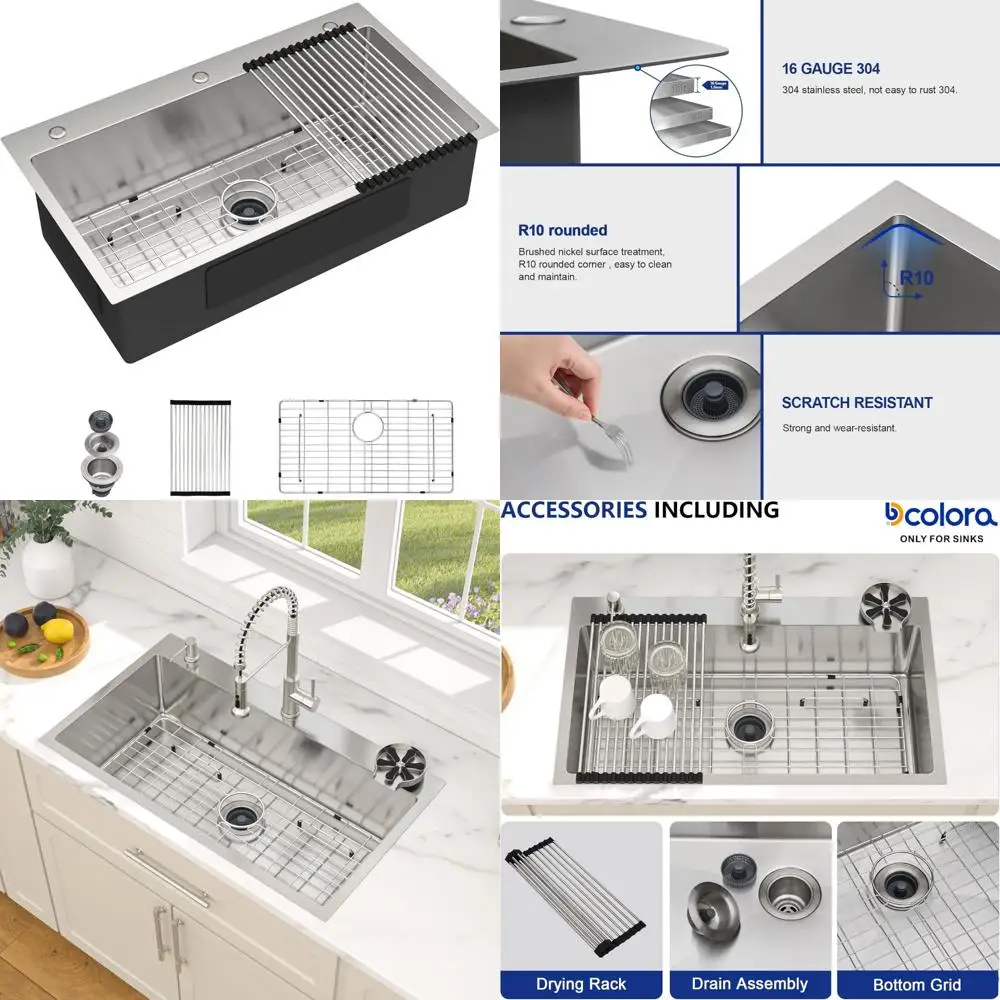 

Large Topmount 33x19 Kitchen Sink, Heavy Duty 16 Gauge 304 Stainless Steel, 3 Pipe Openings, Drop-In Installation, Space-Saving