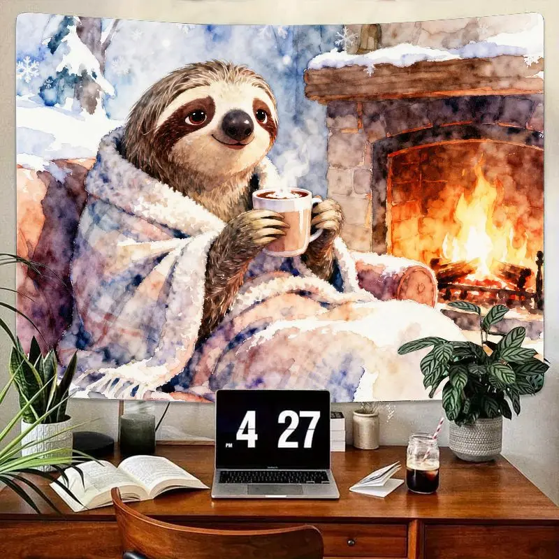 

1 шт., милый ленивец, зимний гобелен, уютный камин, горячий какао, настенное искусство, кавайный эстетический полиэстер, декор комнаты, подарок