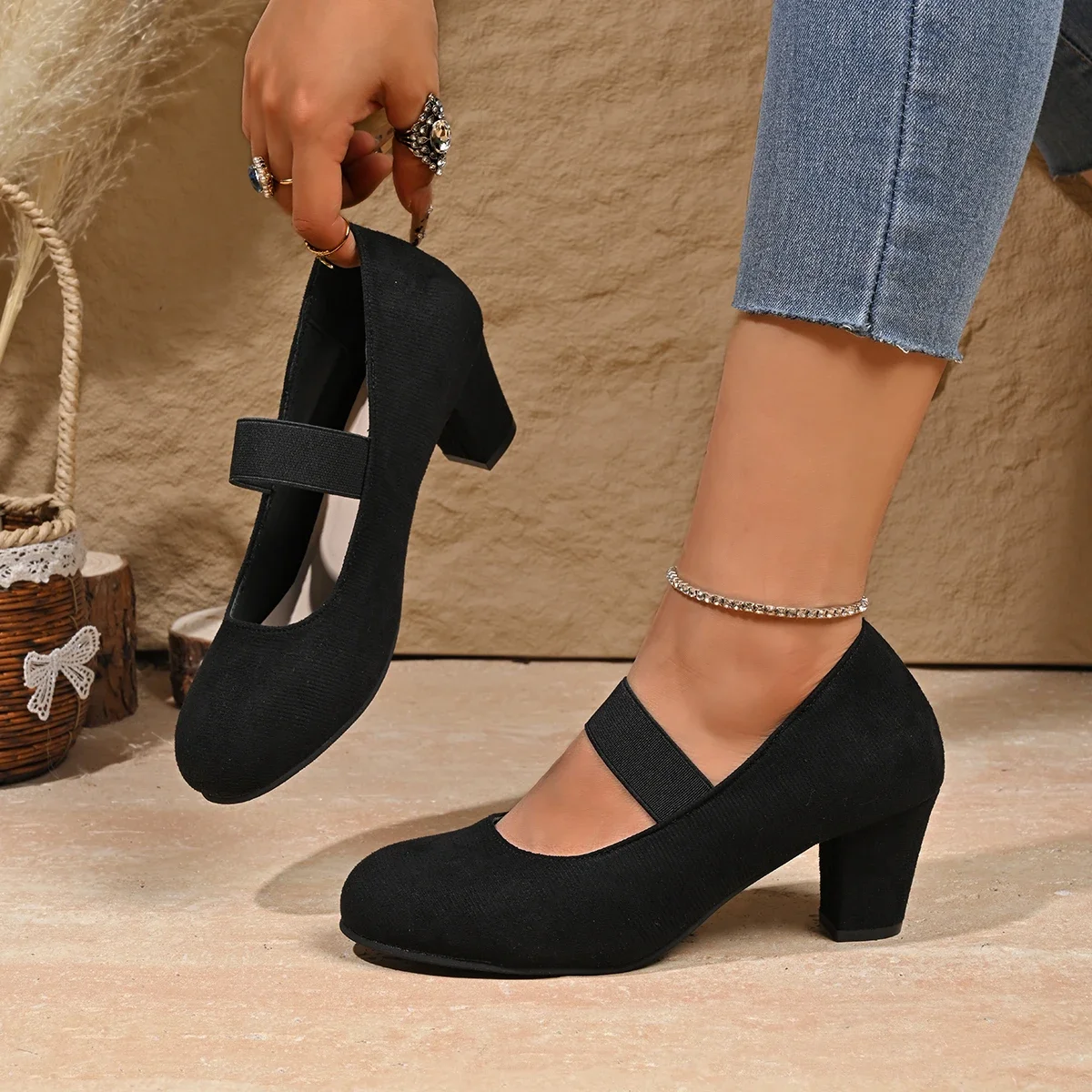 

Women High Heel Pumps Fashion Round Toe Heels Women Shallow Chunky High Heels Shoes Spring Autumn Elegant Single Shoes Women