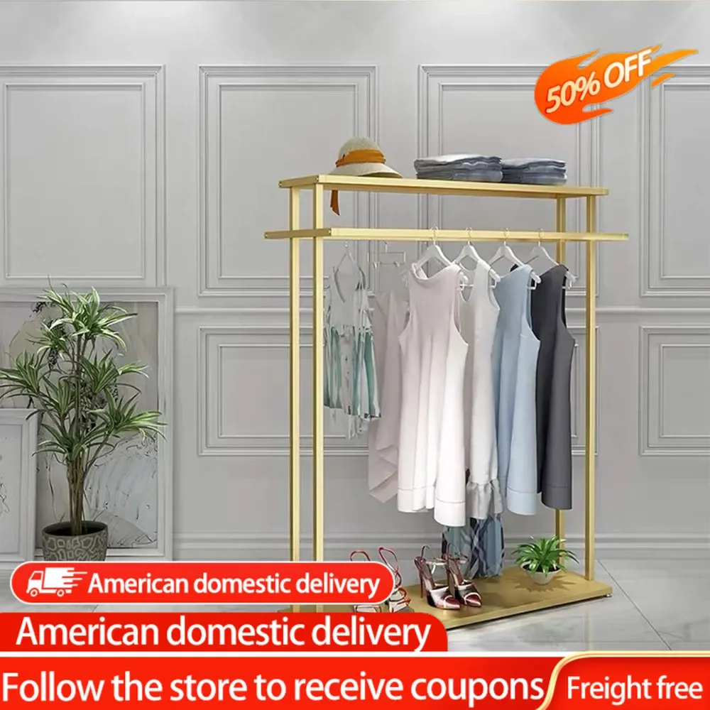 

Floor-Standing Double Hanging Rods Hangers Clothes Shelves (Gold With Metal Plate Clothing Store Rolling Garment Rack With Wheel