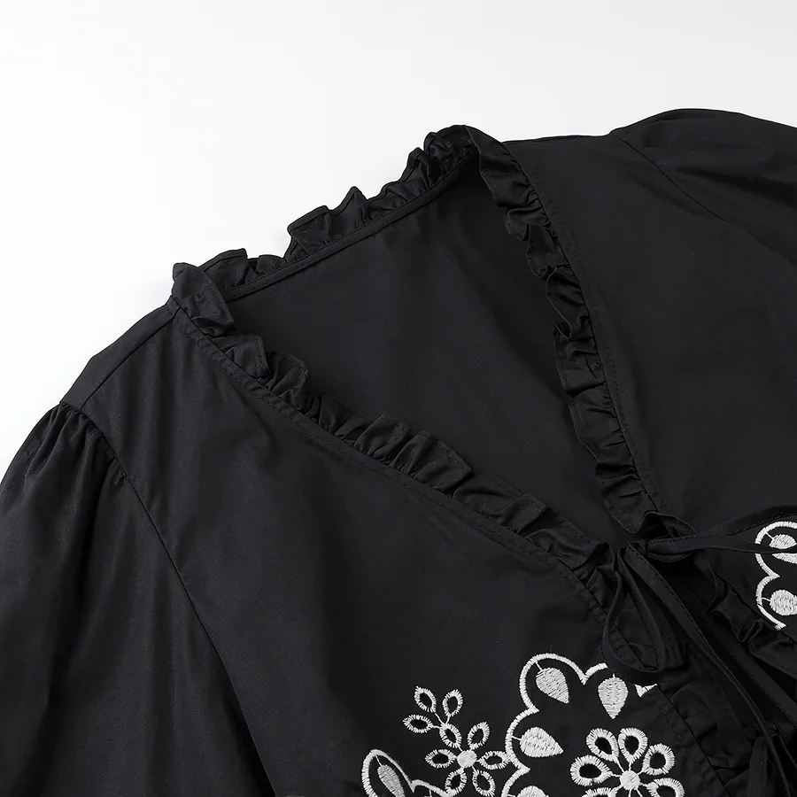 Csa de Aodão Bordada com Decote em V e Manga Longa para Mulheres, Estilo Solto, Nova Coleção Primavera JNLEAOG