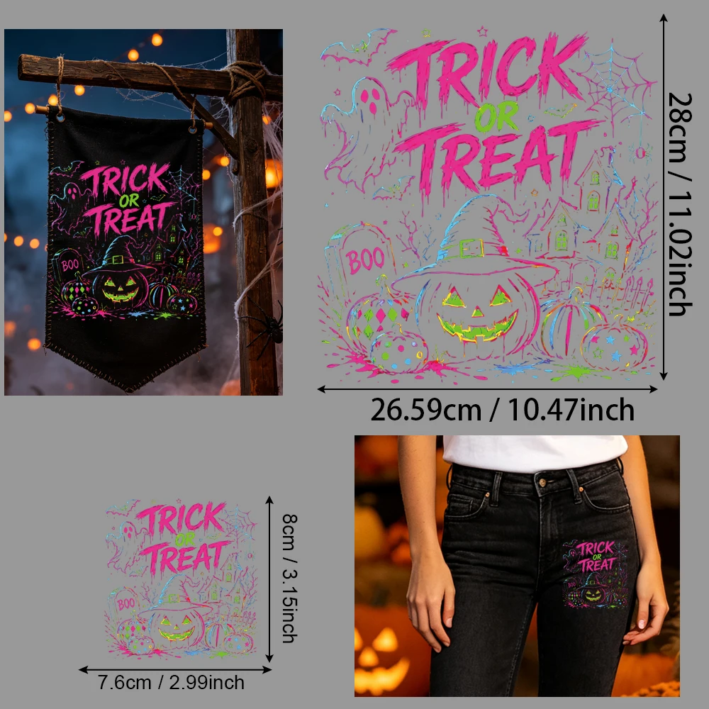 2Pcs Neon Spooky Trick or Treat HTV, Bat House Art Iron-on for Makeup Bags, Fine Line No Crack