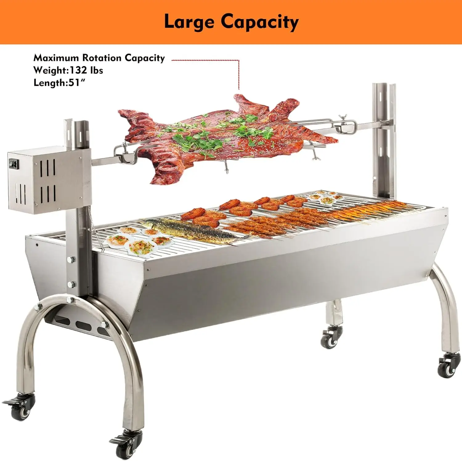 50W Rotisserie Grill With Wind Screen Roaster 51 Inch Bbq Outdoor Pig Lamb Rotisserie Roaster 132Lbs/60Kg Stainless Steel