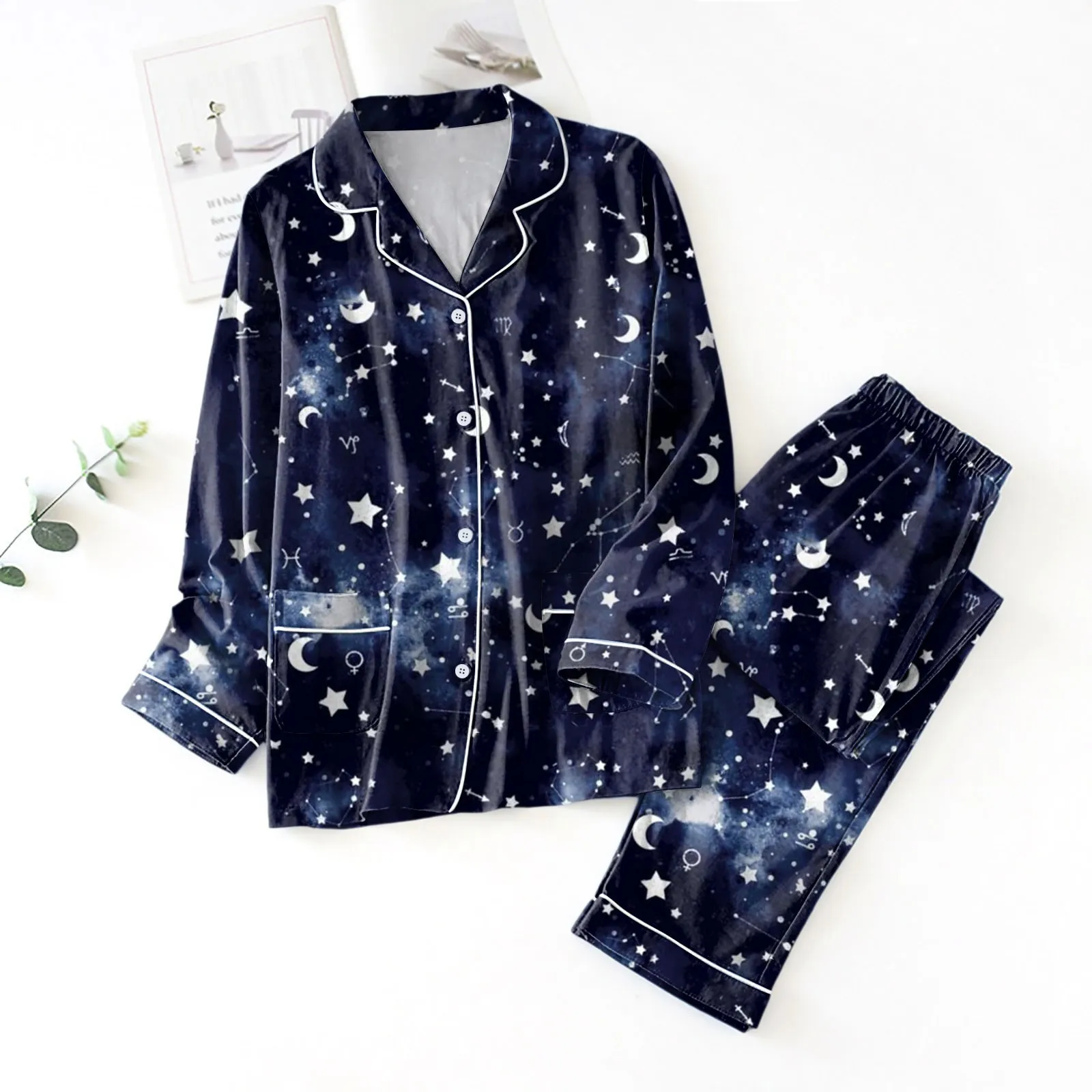 Fall Women Lounge Pajama Sets Starry Sky Star Print Turn-Down Collar Long Sleeve Shirts Tops Pants 2 Piece Loungewear Homewear