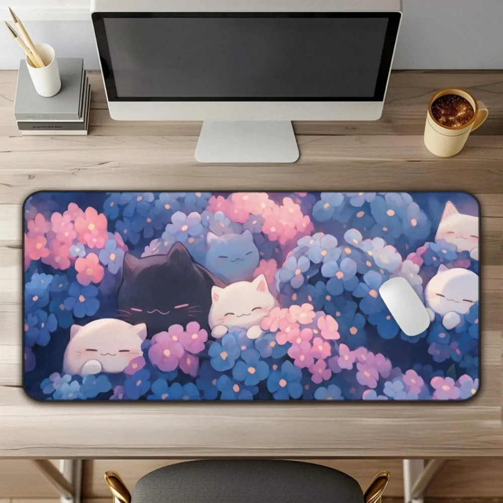 Cartoon Sleep Cat Flower Mouse Pad Kawaii Anime Kitty Floral Extra Big Desk Mat Non Slip Rubber Gaming Keyboard Pad Office Decor