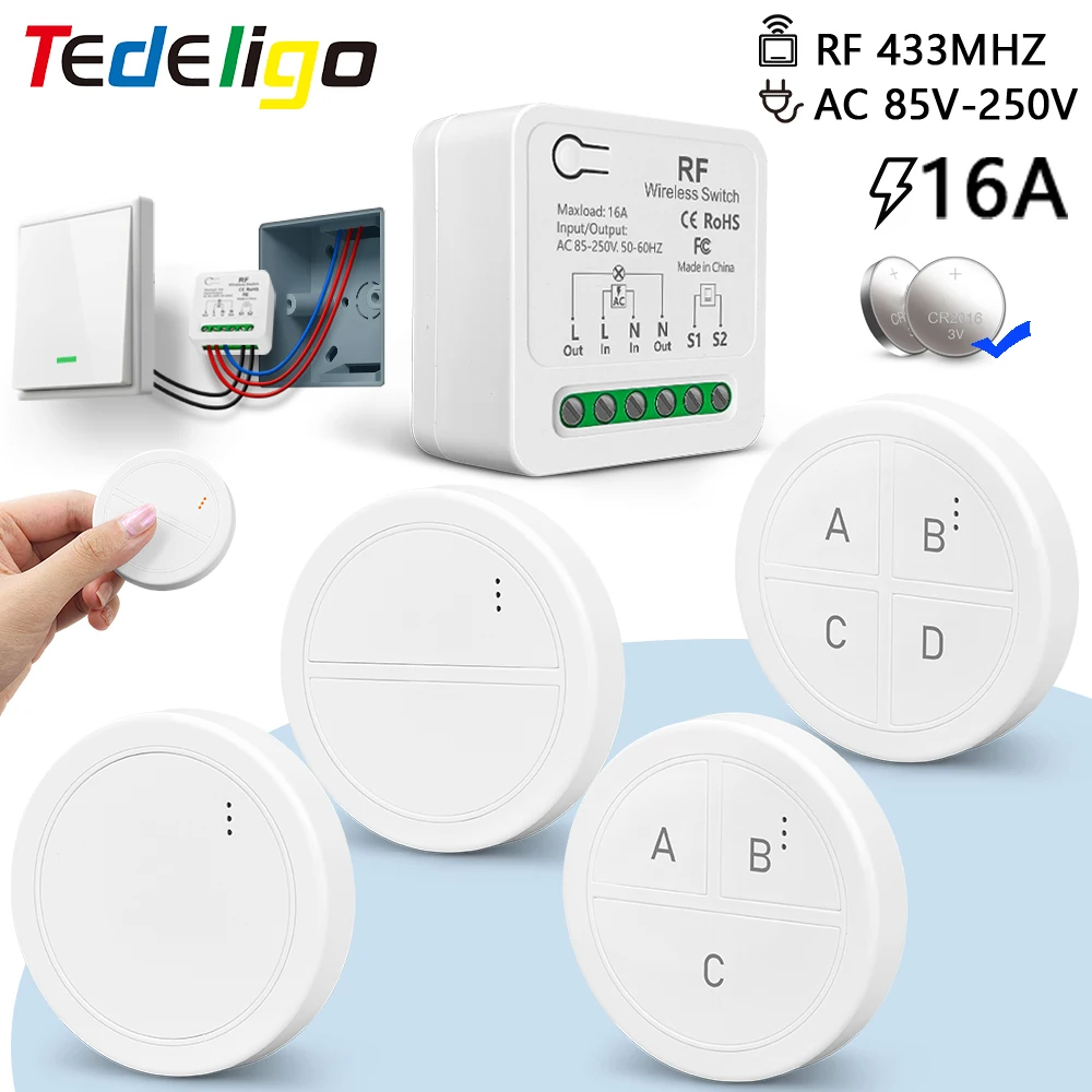 

433Mhz Wireless Remote Control Light Switch 220V 110V 16A 2-Way Control Module with Round Button Wall Panel Switch for LED Lamp