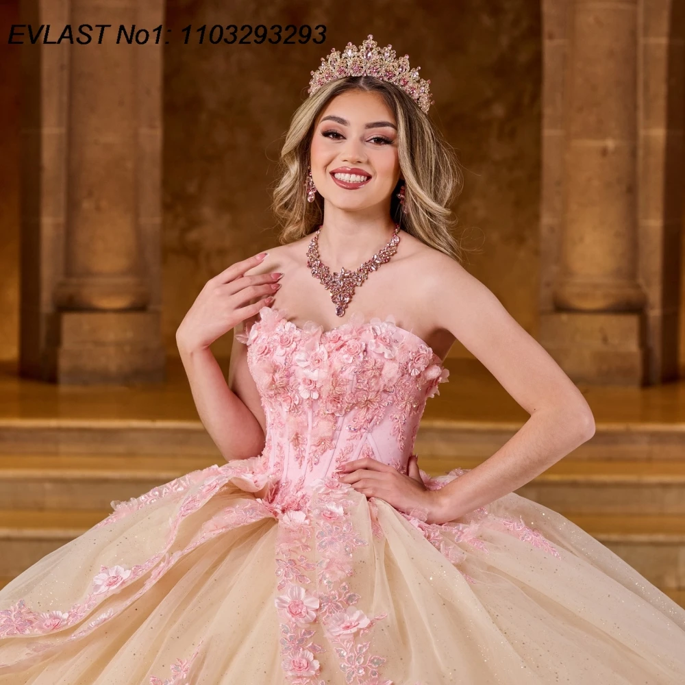 EVLAST ที่กําหนดเอง Glitter Quinceanera Ball Gown ดอกไม้สีชมพู Applique ลูกปัดฉัตรโบว์หวาน 16 Vestido De 15 Anos E1Q198