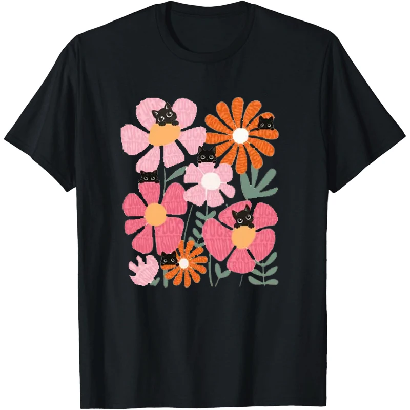 

Flowers and Plants Graphic T Shirts Flowers Women's Tees Women Clothing Black Cat T-Shirt Lady Shirt Mujer Promo Clothes