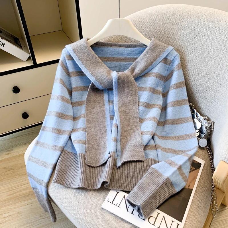 

Autumn New Sle Retro Navy Collar Stripe Versatile Knitted Sweater Women's Long Sve Top Trendy Polyester Fiber 00%