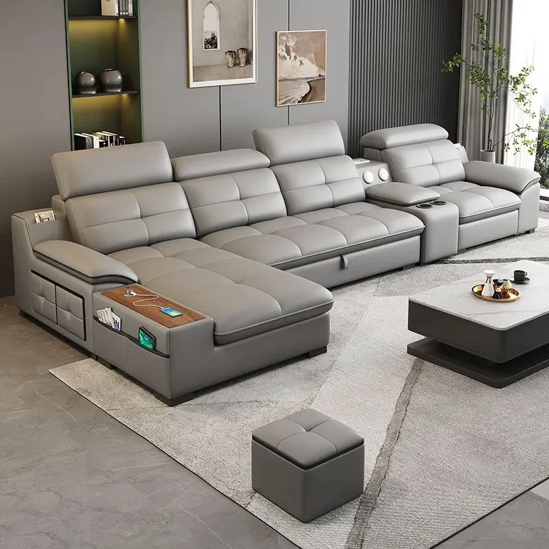 

​ ​ Скандинавский современный электрический диван-кровать с откидной спинкой, кожаный многофункциональный креативный небольшой комплект мебели для гостиной FYES ​ ​