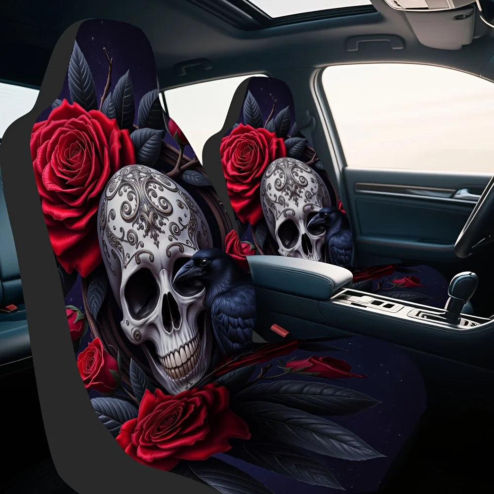 2pcs Gothic Skull & Raven Car Seat Covers Compatible For Fit, Gothic Vehicle Interior With Washable Design, Driver & Passenger S