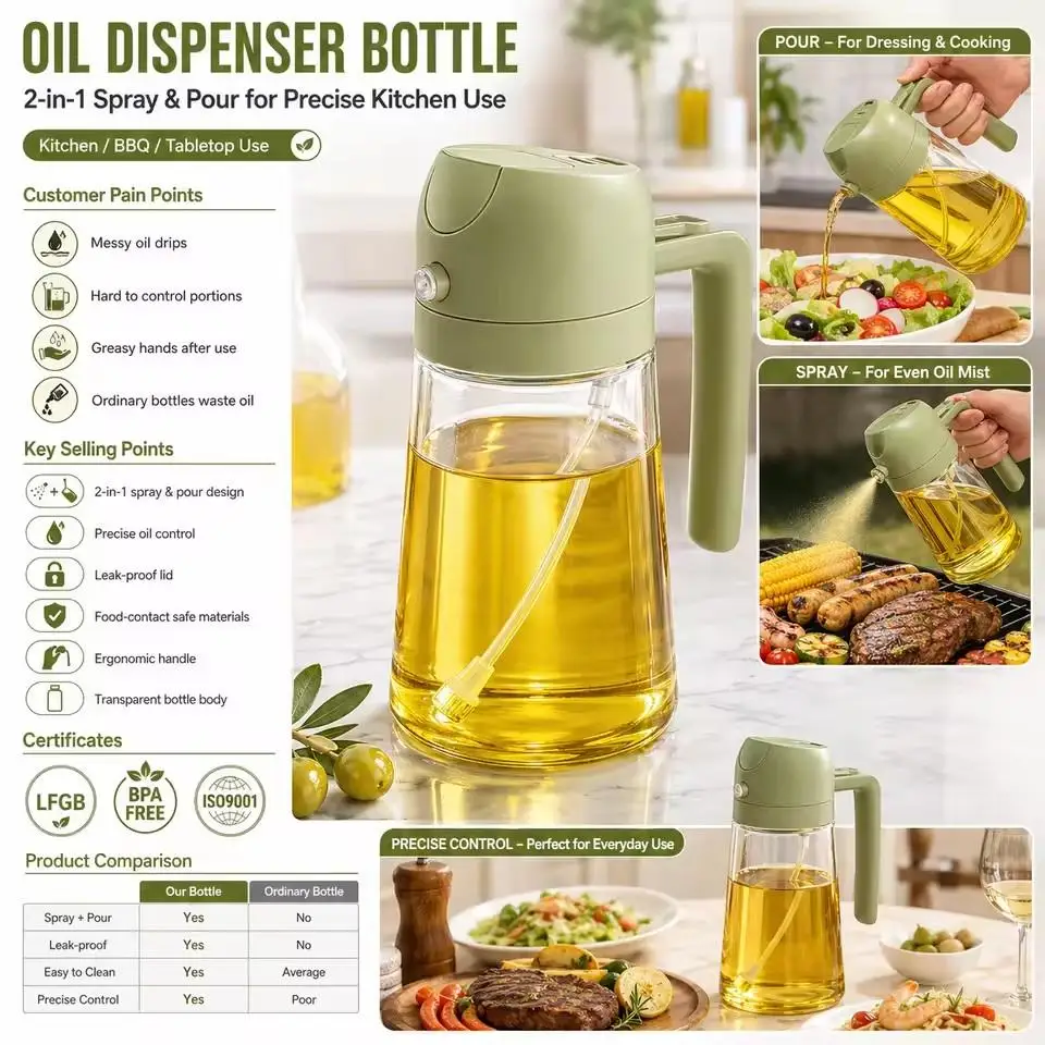 470ml/15.9oz Oil Sprayer Bottle 2-in-1 Olive Oil Dispenser and Oil Sprayer Jar Cruet BBQ Baking Roasting Picnic Kitchen Tool
