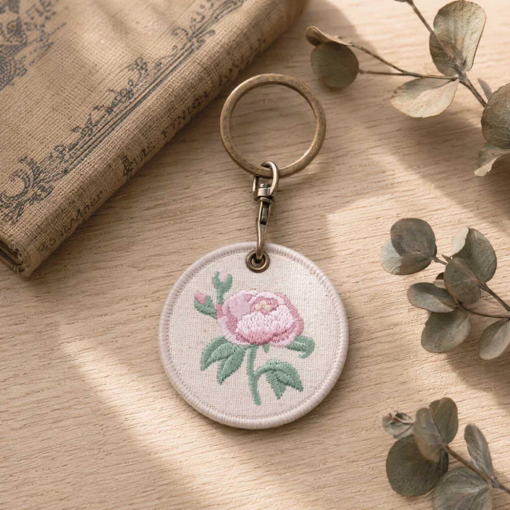 Plants Embroidered Flower Keychain Double-sided Fashion White Pink Rose Keyring Creative Round May Bells Pendant Backpack Decor