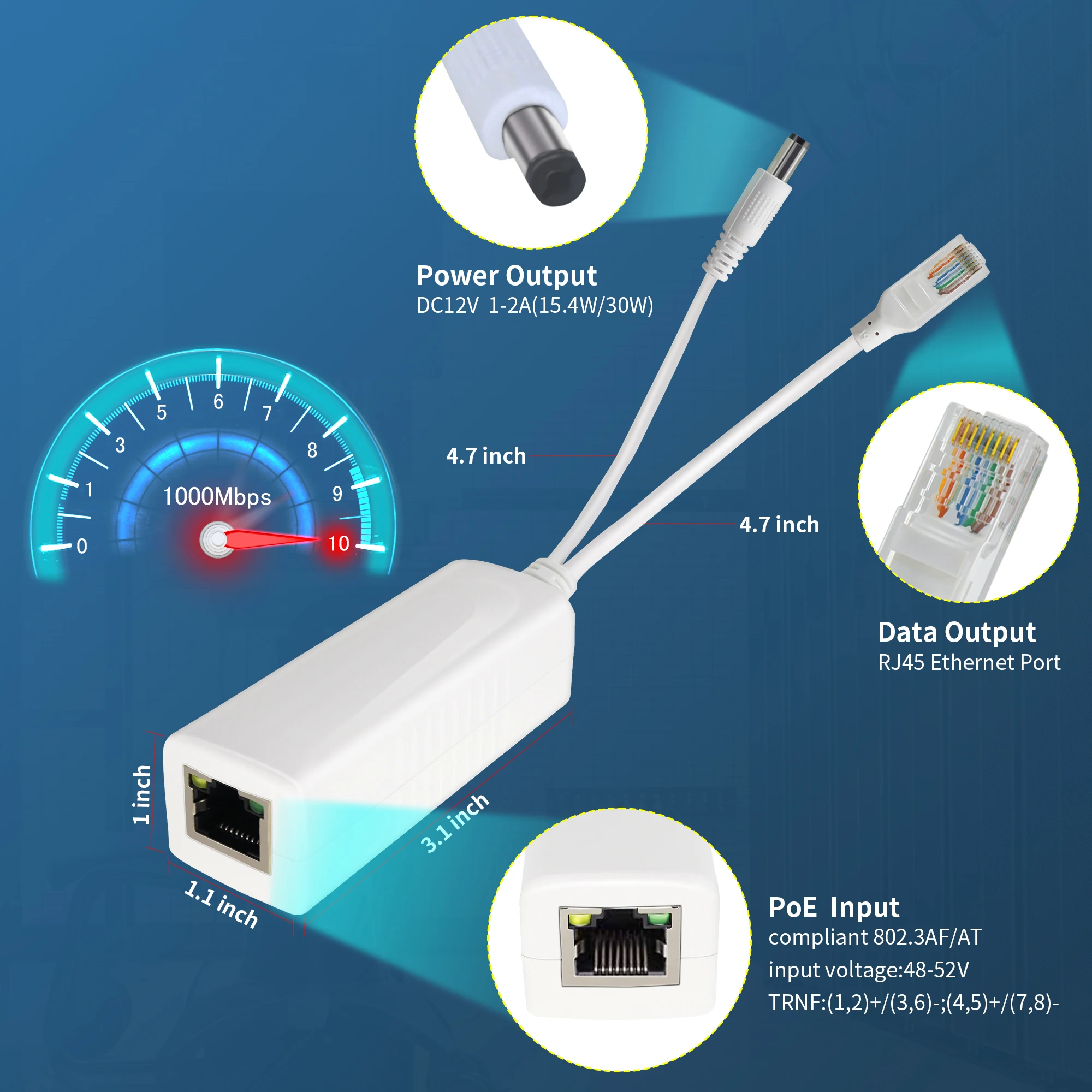 Iniettore adattatore Splitter Gigabit PoE, uscita 12V 2A, 5.5x2.1mm DC, IEEE 802.3AF/at, adatto per telecamere IP, telefoni IP, ect,2 pezzi