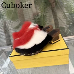 2023 Spring Autumn Designer Mink Hair Women's Slippers Half Wedge Slippers Thick Sole Chunky Heel Furry Mules Vacation Shoes