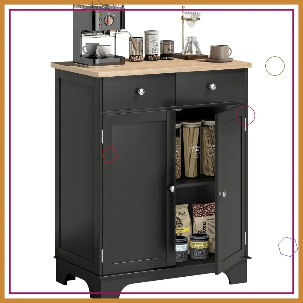 

Modern Sideboard Buffet Cabinet with Solid Wood Top, Kitchen Storage Coffee Bar with Drawers Doors Adjustable Shelf