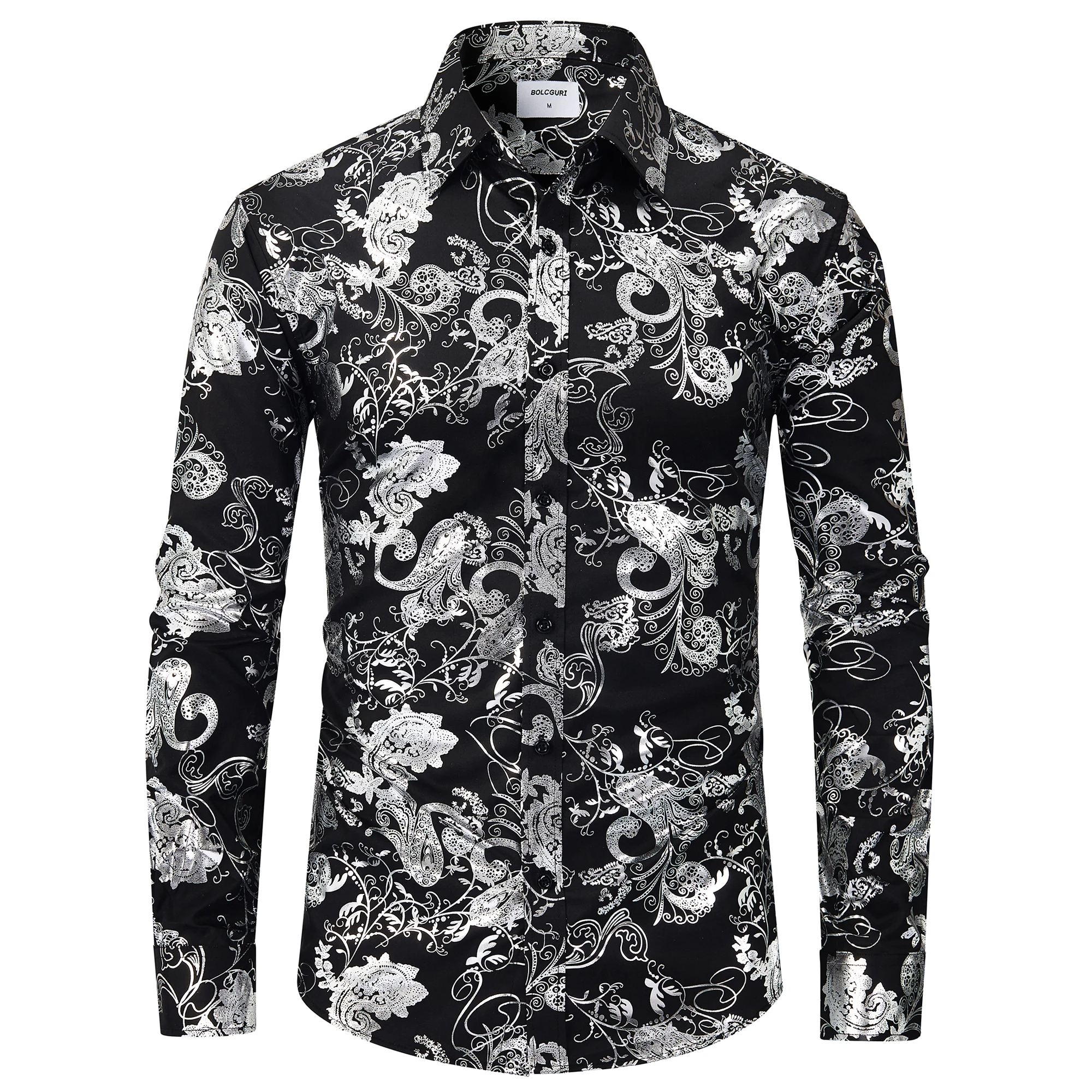 Fashion Men Luxury Baroque Style Glitter Print Formal Wear Shirt Casual Long-Sleeved Personalized Button Shirts