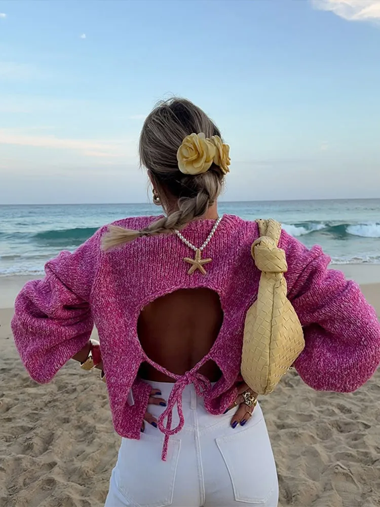 Women Solid Backless Knitted Sweater Casual Lace Up Round Neck Full Sleeve Loose Pullover Lady New Daily Street Autumn Pullovers