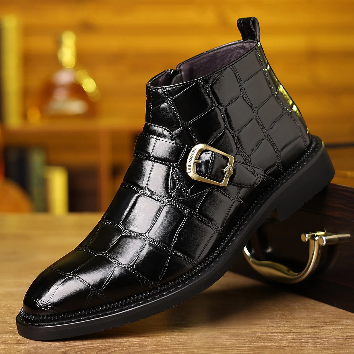 Big Size Stone Pattern Casual Dress Boots for Men Fashion Autumn Winter Belt Buckle Leather Shoes Male Designer Ankle Boots Men