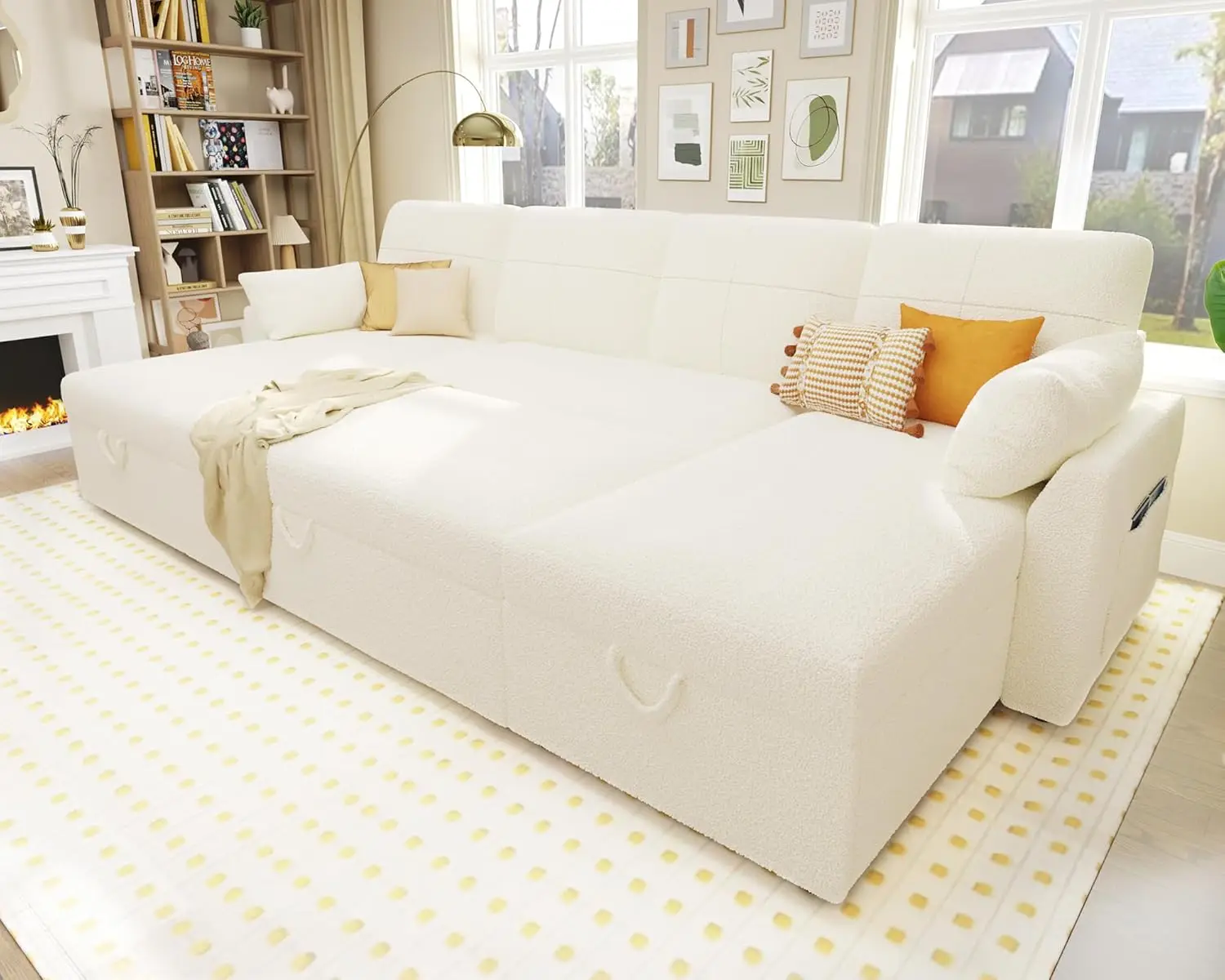 Sleeper Sofa with Double Storage Chaise for Living Room, White Boucle Couch