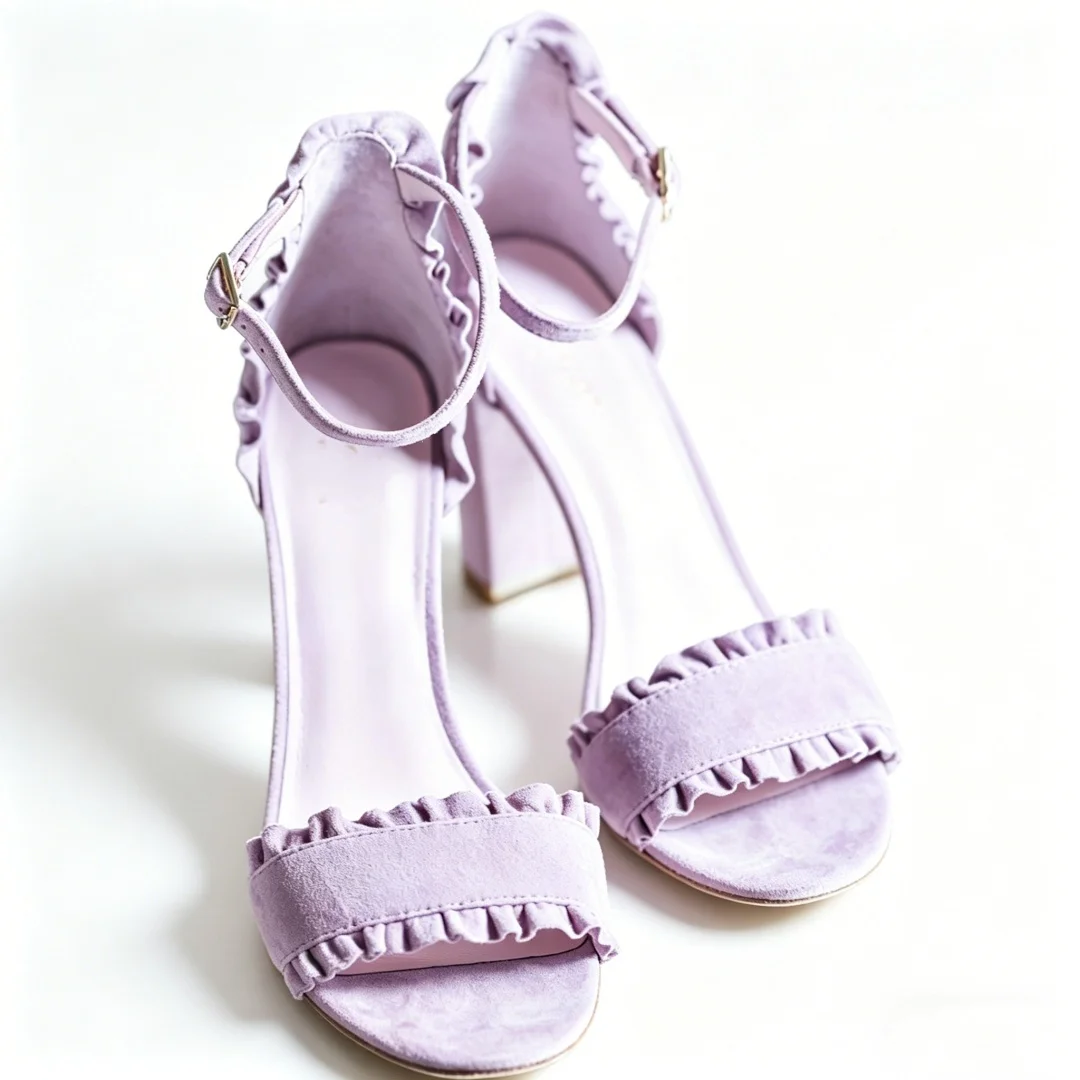 Sandalias de tacón alto color lavanda para mujer, con correa en el tobillo, tacón cuadrado de gamuza con volantes, elegantes para fiesta, boda, zapatos de moda de verano, cómodos y con estilo