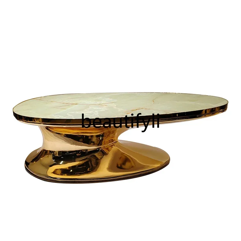 LJYLight luxury marble coffee table living room household oval fiberglass creative stainless steel tea table